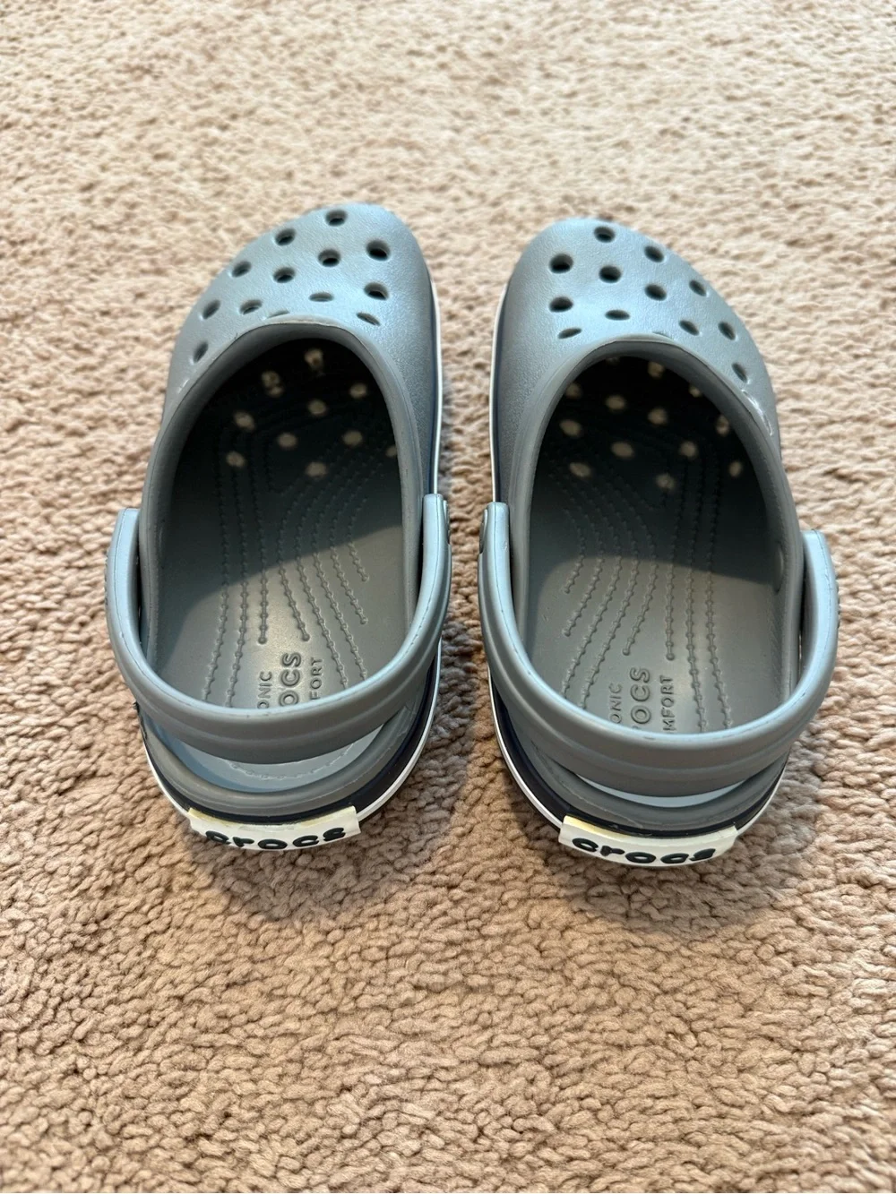 Kids Gray Crocs with Navy and White Stripes